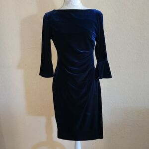 Chaps Women's Blue Velvet Side Ruched Bell Sleeve Sheath Dress Sz M